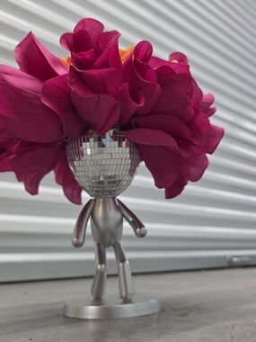Novelty Silver Figurine Vase with Fuchsia Flower Accent- Handmade